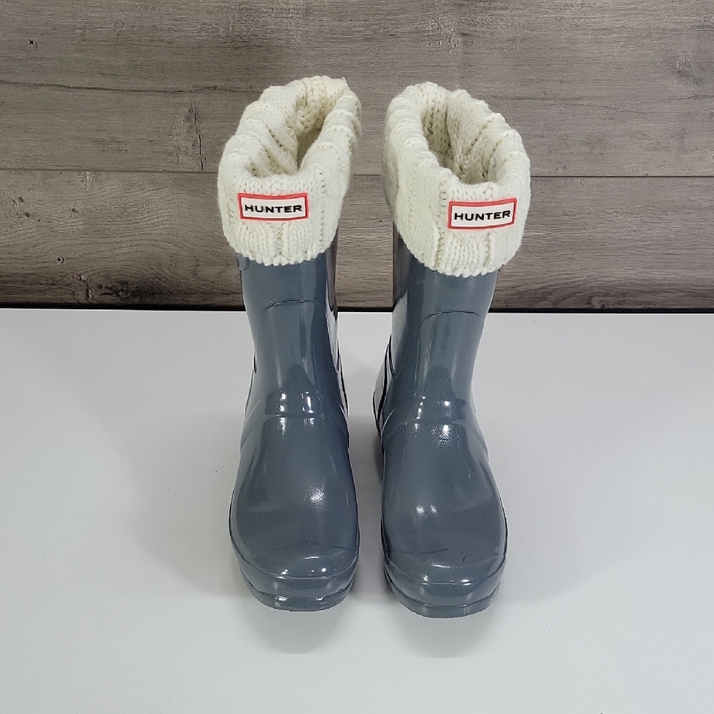 Hunter Gray Gloss Rain Boots with Cream Knit Cuffs Sz 10